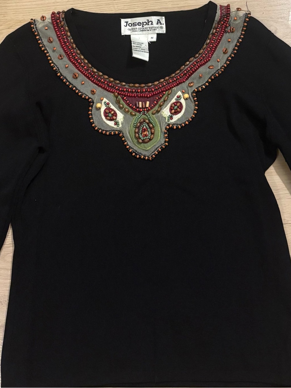 Joseph Black Long-Sleeve Scoop Neck Top with Multicolor Bead Embellishment